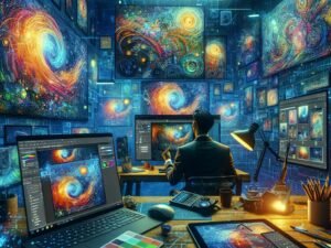 Moderner Arbeitsplatz mit Laptop, mehreren Bildschirmen und digitalen Zeichenwerkzeugen, die KI-basierte Bildbearbeitung und künstlerische Transformationen demonstrieren