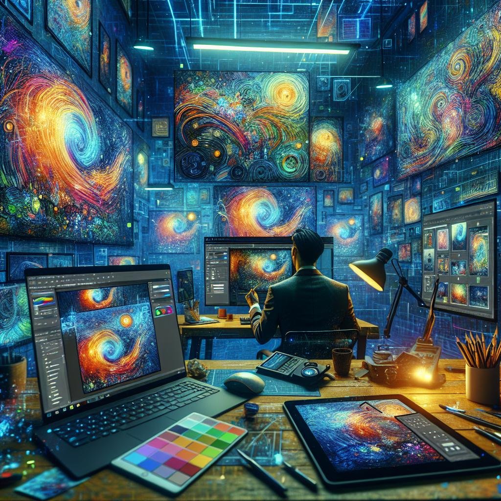 Moderner Arbeitsplatz mit Laptop, mehreren Bildschirmen und digitalen Zeichenwerkzeugen, die KI-basierte Bildbearbeitung und künstlerische Transformationen demonstrieren