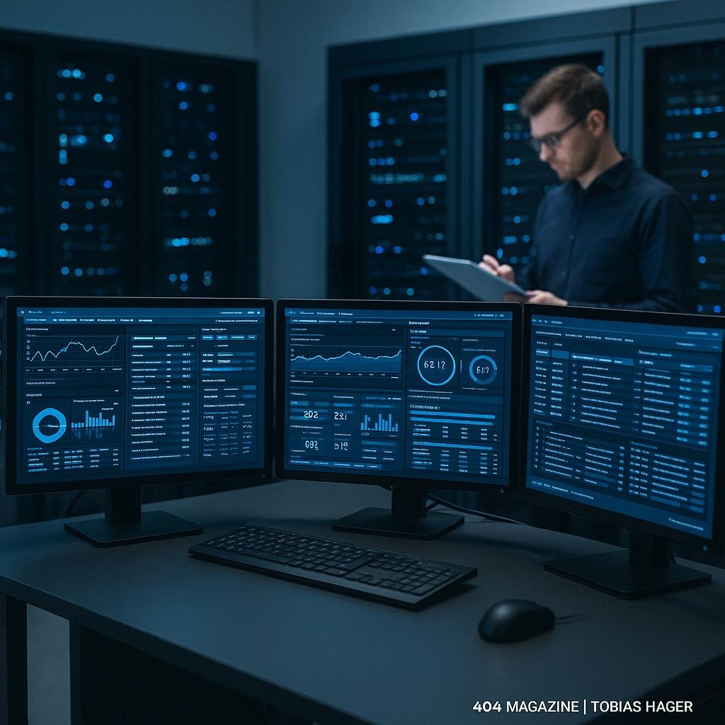 Technisches Kontrollzentrum eines Serverraums mit Monitoren, die Dashboards und Monitoring-Tools anzeigen, während Techniker im Hintergrund planen. Professionelle Umgebung, blaue und schwarze Oberflächen.