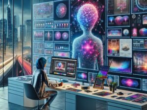 Junger Designer in einem futuristischen Kreativstudio arbeitet an einem surrealistischen Bild auf einem großen Bildschirm, mit holographischen neuronalen Netzwerken im Kopf, digitaler Wand mit AI-Bildern im Hintergrund und Blick auf eine leuchtende Stadtnacht durch große Fenster.