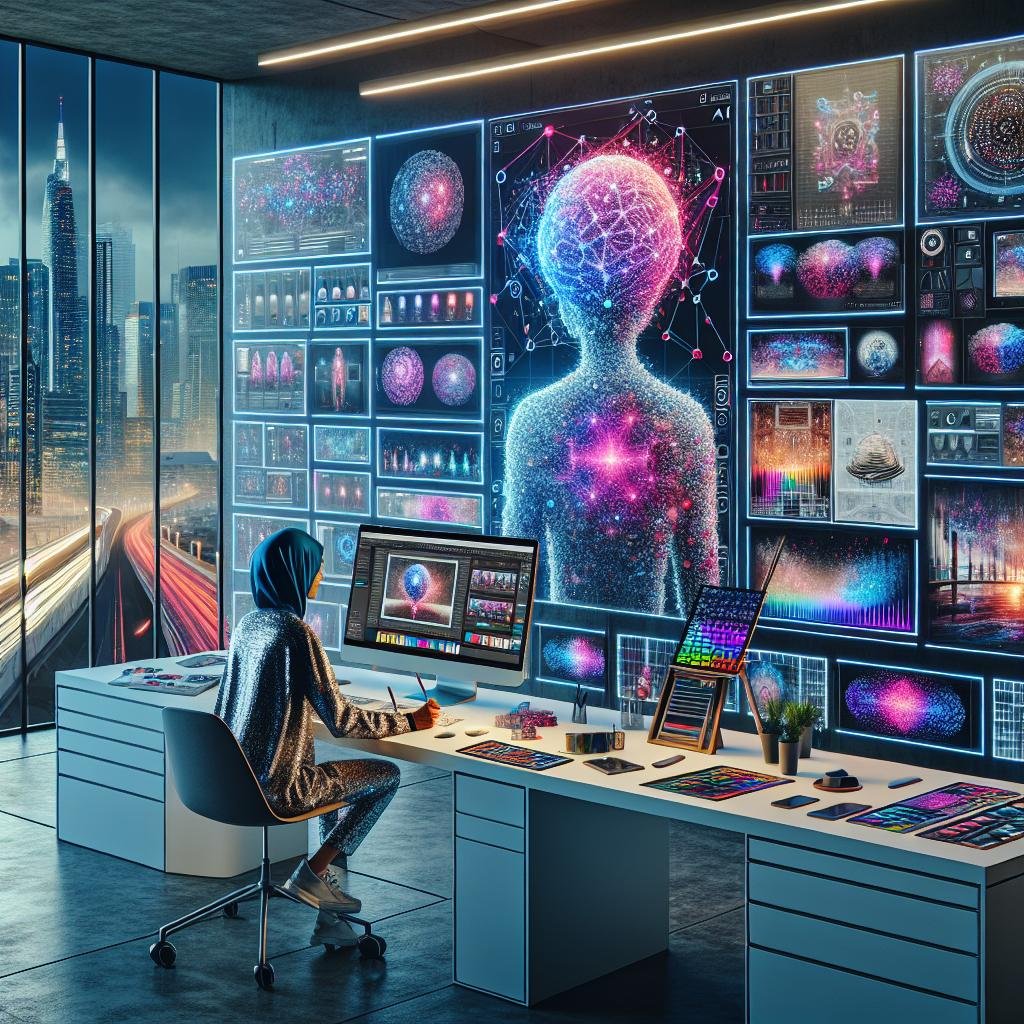 Junger Designer in einem futuristischen Kreativstudio arbeitet an einem surrealistischen Bild auf einem großen Bildschirm, mit holographischen neuronalen Netzwerken im Kopf, digitaler Wand mit AI-Bildern im Hintergrund und Blick auf eine leuchtende Stadtnacht durch große Fenster.