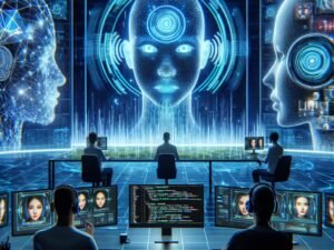 Futuristischer Arbeitsplatz mit großem Bildschirm, holographischen Gesichtssymbole, Code-Snippets auf Laptop und Wissenschaftlern mit Headsets, die Echtzeit-Animationen beobachten. Leuchtende blaue und neon-grüne Akzente.