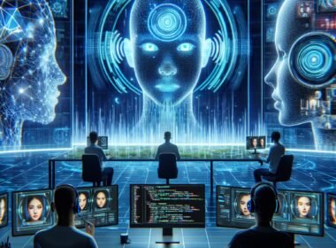 Futuristischer Arbeitsplatz mit großem Bildschirm, holographischen Gesichtssymbole, Code-Snippets auf Laptop und Wissenschaftlern mit Headsets, die Echtzeit-Animationen beobachten. Leuchtende blaue und neon-grüne Akzente.