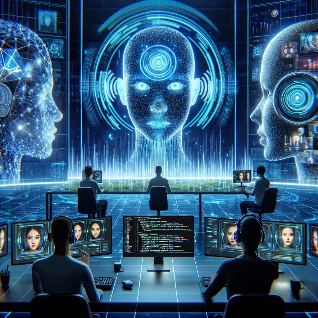 Futuristischer Arbeitsplatz mit großem Bildschirm, holographischen Gesichtssymbole, Code-Snippets auf Laptop und Wissenschaftlern mit Headsets, die Echtzeit-Animationen beobachten. Leuchtende blaue und neon-grüne Akzente.