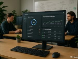 Moderner Büroarbeitsplatz mit großem Bildschirm und Entwicklern im Hintergrund, die an Notizen und technischen Diagrammen arbeiten