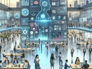 Blick auf ein modernes Innovationcenter in Bielefeld mit digitalen Bildschirmen, Fachleuten und holografischen Schnittstellen, die KI und digitales Marketing zeigen.