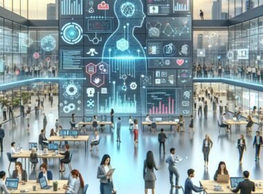 Blick auf ein modernes Innovationcenter in Bielefeld mit digitalen Bildschirmen, Fachleuten und holografischen Schnittstellen, die KI und digitales Marketing zeigen.