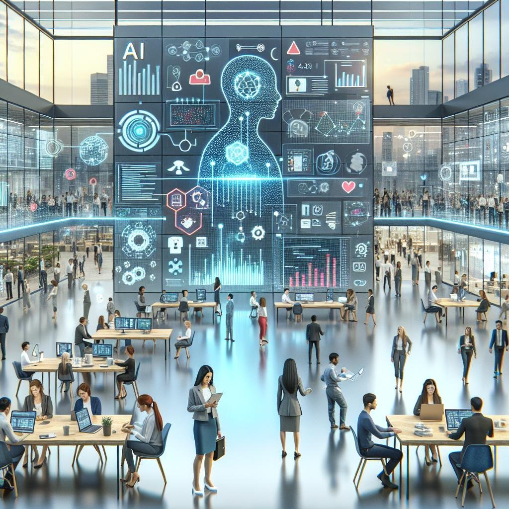 Blick auf ein modernes Innovationcenter in Bielefeld mit digitalen Bildschirmen, Fachleuten und holografischen Schnittstellen, die KI und digitales Marketing zeigen.