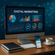 Moderner Digital Marketing Arbeitsplatz mit Computer, Notizbüchern, Smartphone und Kaffeetasse, symbolisiert Analyse und Strategie