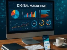 Moderner Digital Marketing Arbeitsplatz mit Computer, Notizbüchern, Smartphone und Kaffeetasse, symbolisiert Analyse und Strategie