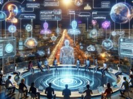 Futuristische digitale Landschaft von Reddit im Jahr 2025 mit KI-gestütztem Dashboard, holographischen Analysen und virtuellen Interaktionen zwischen Nutzern und KI-Moderatoren.