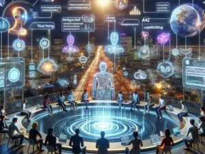 Futuristische digitale Landschaft von Reddit im Jahr 2025 mit KI-gestütztem Dashboard, holographischen Analysen und virtuellen Interaktionen zwischen Nutzern und KI-Moderatoren.