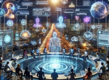 Futuristische digitale Landschaft von Reddit im Jahr 2025 mit KI-gestütztem Dashboard, holographischen Analysen und virtuellen Interaktionen zwischen Nutzern und KI-Moderatoren.