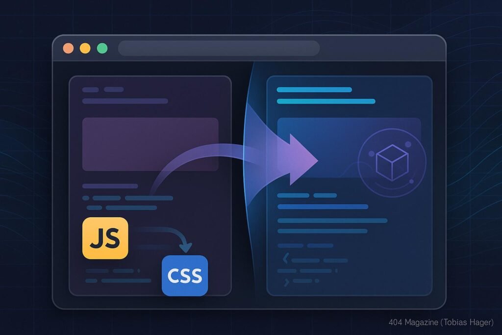 Moderner Webbrowser mit animierten Übergängen, Code-Snippets und digitalem Design, betont Flüssigkeit und technische Raffinesse.