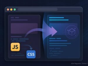 Moderner Webbrowser mit animierten Übergängen, Code-Snippets und digitalem Design, betont Flüssigkeit und technische Raffinesse.