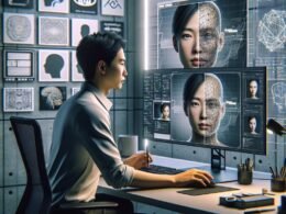 Person sitzt vor einem modernen Computerbildschirm mit einer KI-basierten Gesichtstausch-Anwendung, umgeben von Symbolen für neuronale Netze und GAN-Diagramme.