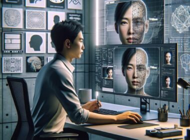 Person sitzt vor einem modernen Computerbildschirm mit einer KI-basierten Gesichtstausch-Anwendung, umgeben von Symbolen für neuronale Netze und GAN-Diagramme.