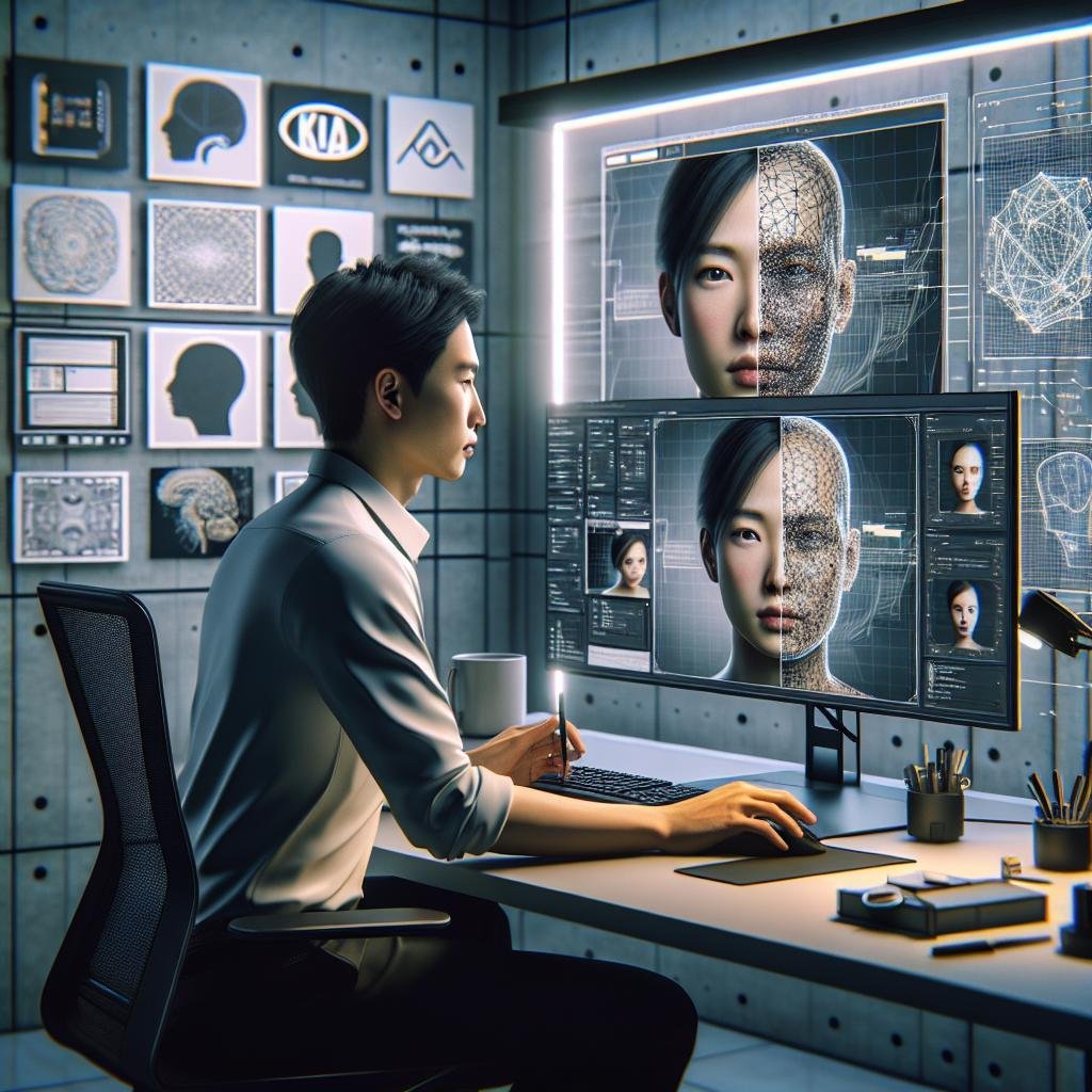 Person sitzt vor einem modernen Computerbildschirm mit einer KI-basierten Gesichtstausch-Anwendung, umgeben von Symbolen für neuronale Netze und GAN-Diagramme.