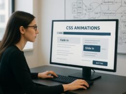 Nutzerin in einem hellen Büro vor einem Computerbildschirm, der CSS-Animationen mit fade-in- und slide-in-Effekten zeigt, um moderne Webentwicklung und SEO-Optimierung zu veranschaulichen.