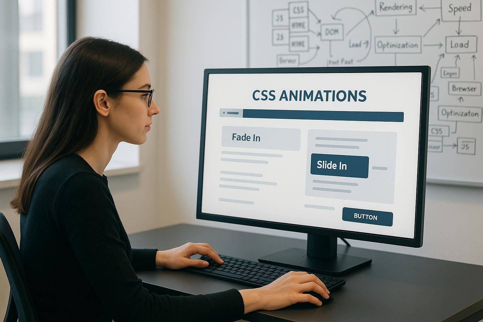 Nutzerin in einem hellen Büro vor einem Computerbildschirm, der CSS-Animationen mit fade-in- und slide-in-Effekten zeigt, um moderne Webentwicklung und SEO-Optimierung zu veranschaulichen.