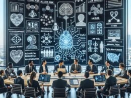 Vielfältige Fachleute in einem High-Tech-Büro, die an einem großen Digitalbildschirm mit KI-Algorithmen und EU AI Act Kategorien arbeiten, symbolisieren Transparenz und Risikomanagement.