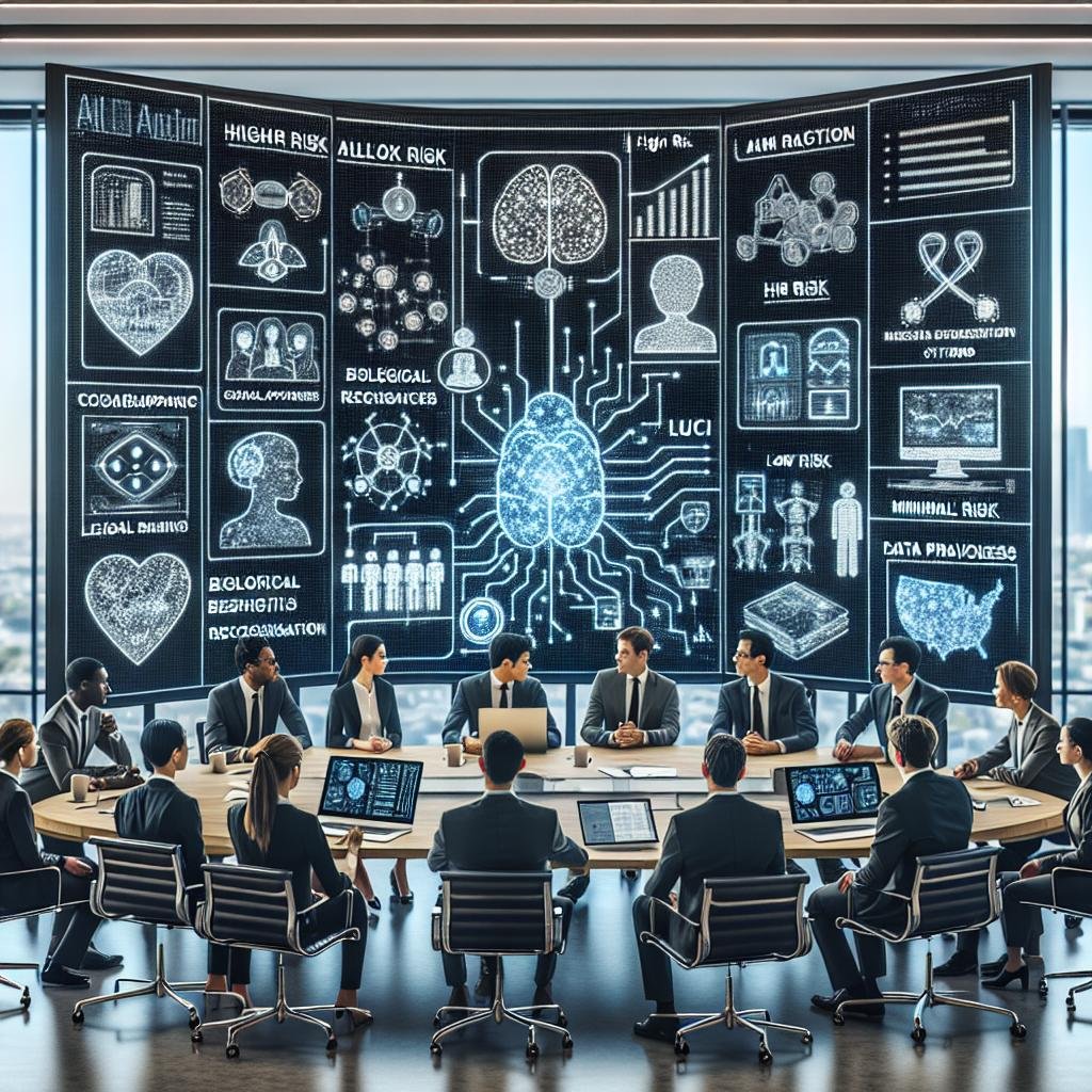 Vielfältige Fachleute in einem High-Tech-Büro, die an einem großen Digitalbildschirm mit KI-Algorithmen und EU AI Act Kategorien arbeiten, symbolisieren Transparenz und Risikomanagement.