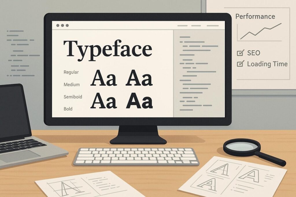 Stilvolle Webseite auf Bildschirm mit verschiedenen Schriftarten, Tools auf Schreibtisch und Whiteboard mit Diagrammen zur Web-Performance, Tobias Hager, 404 Magazine