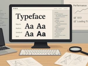 Stilvolle Webseite auf Bildschirm mit verschiedenen Schriftarten, Tools auf Schreibtisch und Whiteboard mit Diagrammen zur Web-Performance, Tobias Hager, 404 Magazine