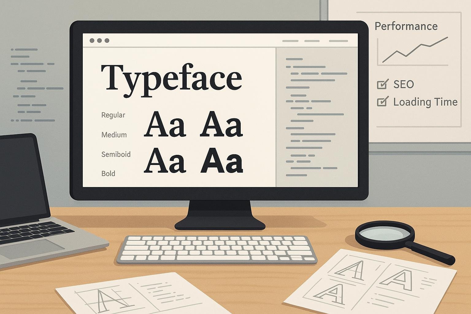 Stilvolle Webseite auf Bildschirm mit verschiedenen Schriftarten, Tools auf Schreibtisch und Whiteboard mit Diagrammen zur Web-Performance, Tobias Hager, 404 Magazine