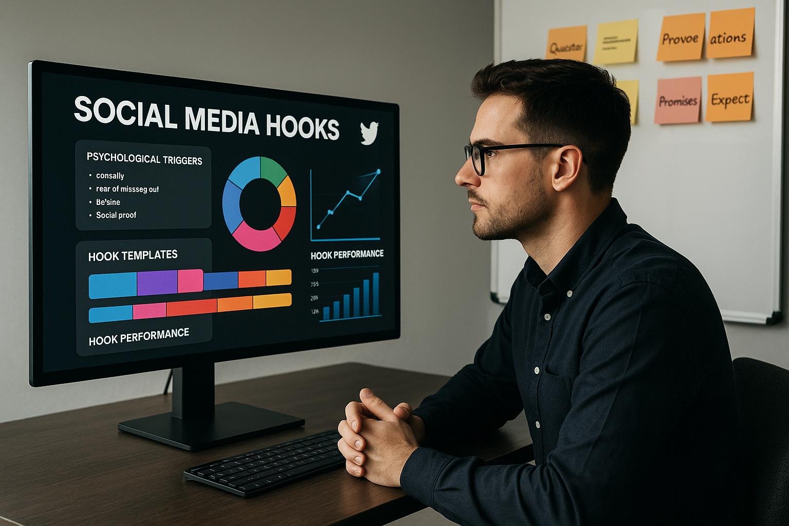 Ein professioneller Marketer sitzt an einem eleganten Schreibtisch und betrachtet einen großen Monitor mit bunten Datenvisualisierungen zu Social-Media-Hooks, während im Hintergrund Haftnotizen mit Hook-Formaten an der Tafel befestigt sind.