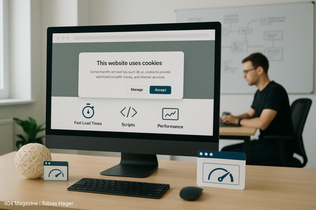 Modernes, minimalistisches Büro mit großem Bildschirm, der eine Webseite mit Cookie-Banner und Performance-Analysen zeigt, während im Hintergrund ein Entwickler an einem Laptop arbeitet, technische Diagramme und Codes auf einem Whiteboard sichtbar sind, mit natürlicher Beleuchtung.