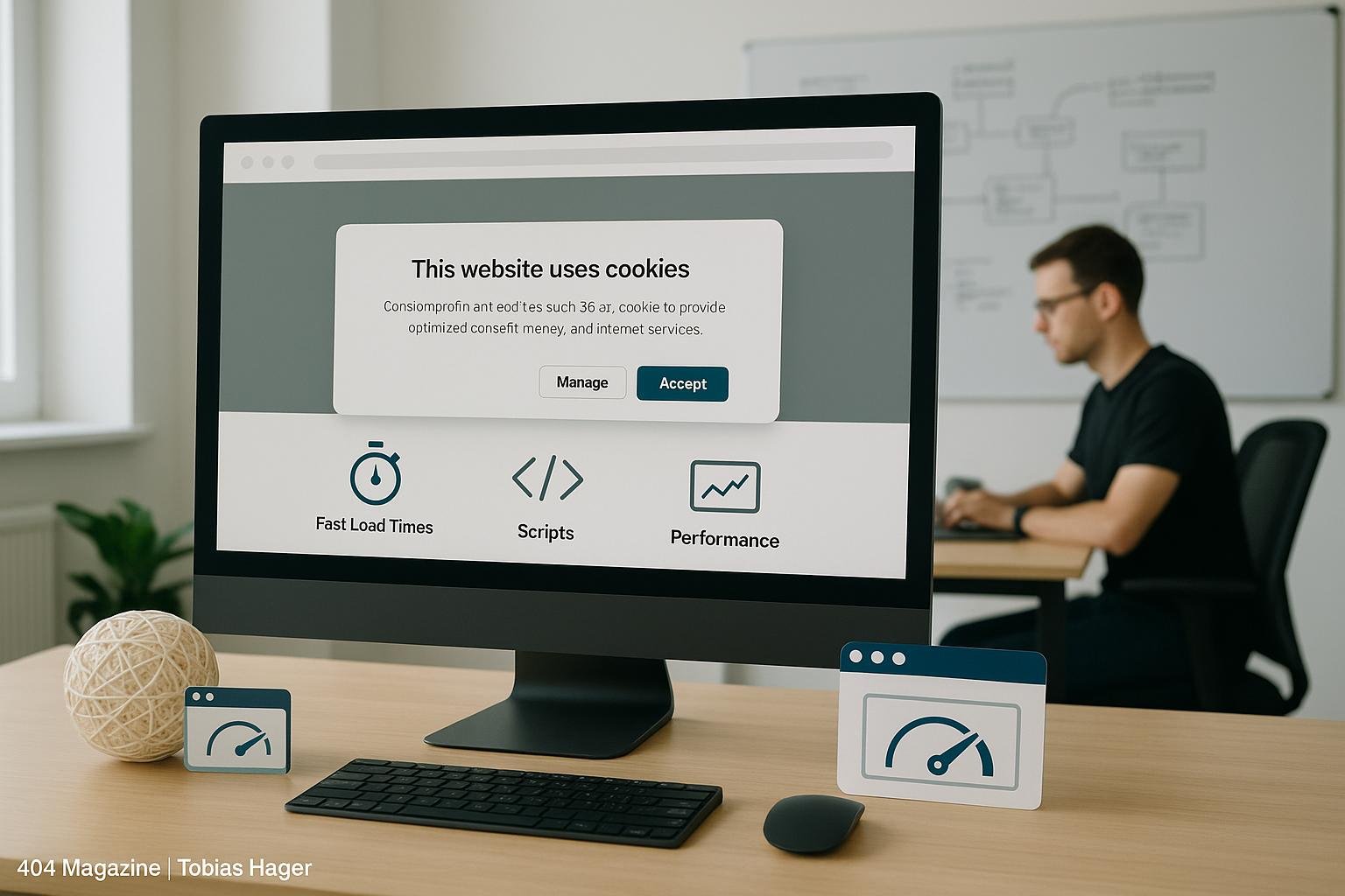 Modernes, minimalistisches Büro mit großem Bildschirm, der eine Webseite mit Cookie-Banner und Performance-Analysen zeigt, während im Hintergrund ein Entwickler an einem Laptop arbeitet, technische Diagramme und Codes auf einem Whiteboard sichtbar sind, mit natürlicher Beleuchtung.