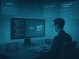 Futuristischer Arbeitsraum mit digitalen Bildschirmen, Hologrammen und Code-Visualisierungen in kühlen Blau- und Grautönen