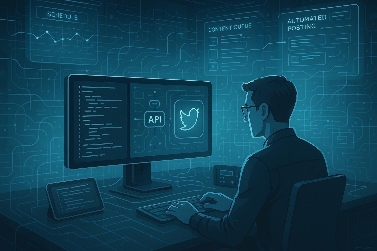 Futuristischer Arbeitsraum mit digitalen Bildschirmen, Hologrammen und Code-Visualisierungen in kühlen Blau- und Grautönen