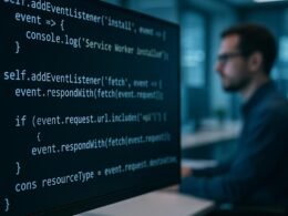 Nahaufnahme eines Computerbildschirms mit JavaScript-Service Worker Code vor einem Entwickler in einem High-Tech-Büro, mit blauer und weißer Beleuchtung.