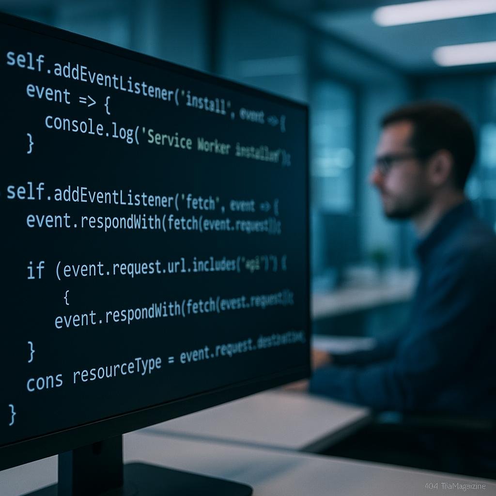 Nahaufnahme eines Computerbildschirms mit JavaScript-Service Worker Code vor einem Entwickler in einem High-Tech-Büro, mit blauer und weißer Beleuchtung.