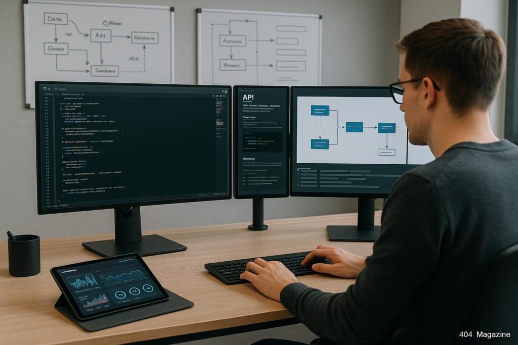 Modernes Büro mit mehreren Monitoren, Whiteboards mit Skizzen zu Datenflüssen und einem Smartphone mit Dashboard, zeigt technologische Automatisierungslösungen