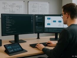 Modernes Büro mit mehreren Monitoren, Whiteboards mit Skizzen zu Datenflüssen und einem Smartphone mit Dashboard, zeigt technologische Automatisierungslösungen