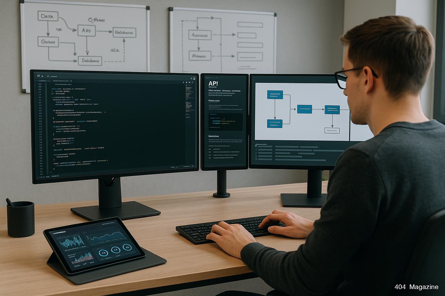 Modernes Büro mit mehreren Monitoren, Whiteboards mit Skizzen zu Datenflüssen und einem Smartphone mit Dashboard, zeigt technologische Automatisierungslösungen