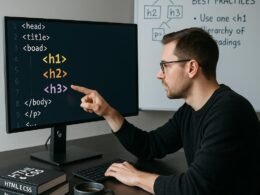 Webentwickler, der HTML-Header-Tags auf einem Monitor überprüft, um die SEO-Struktur zu optimieren, umgeben von Büchern und einer Tasse Kaffee