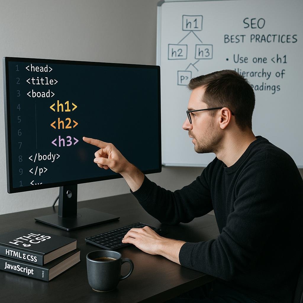 Webentwickler, der HTML-Header-Tags auf einem Monitor überprüft, um die SEO-Struktur zu optimieren, umgeben von Büchern und einer Tasse Kaffee