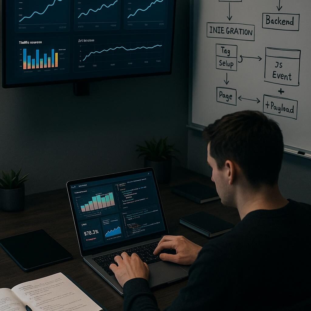 Professioneller an einem modernen Arbeitsplatz arbeitend, mit Laptop, großen Monitoren und Whiteboard mit technischen Diagrammen im Hintergrund