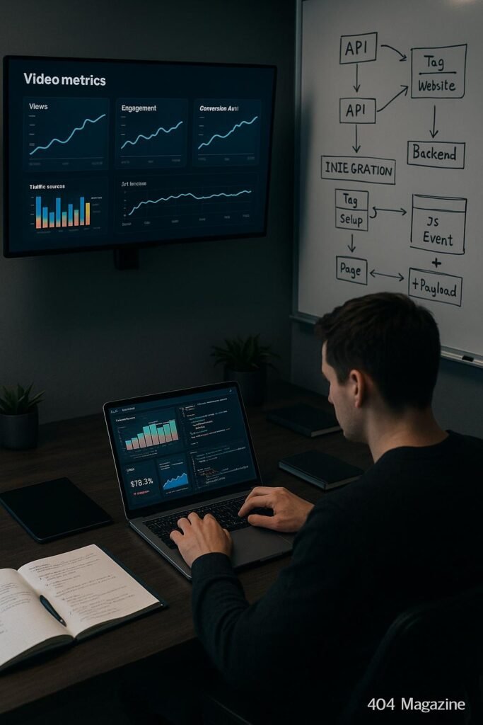 Professioneller an einem modernen Arbeitsplatz arbeitend, mit Laptop, großen Monitoren und Whiteboard mit technischen Diagrammen im Hintergrund