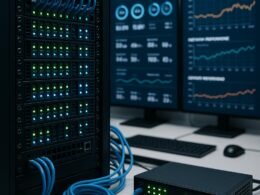 Modernes Serverraum-Setting mit Serverrack, Netzwerk-Kabeln und Monitoren, die Echtzeit-Server- und Netzwerkdaten anzeigen, unter professioneller Beleuchtung.