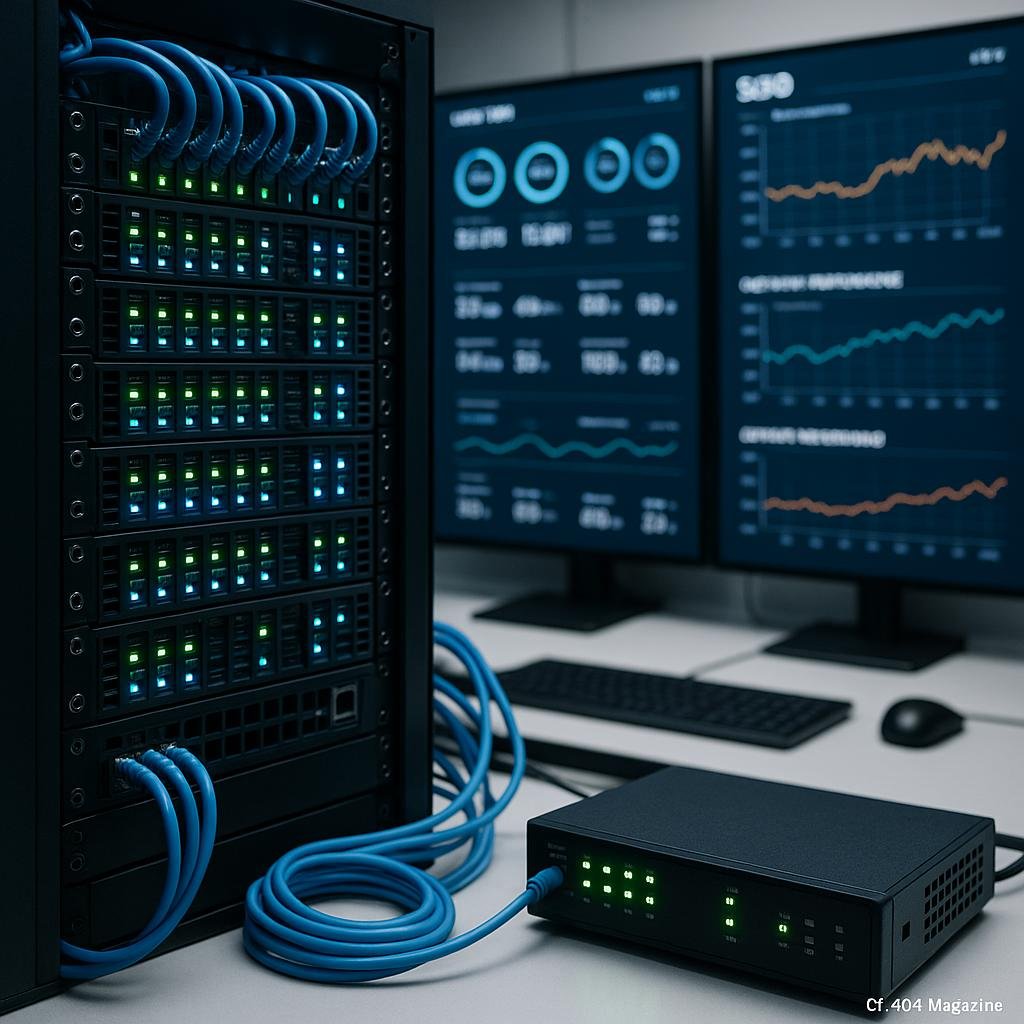 Modernes Serverraum-Setting mit Serverrack, Netzwerk-Kabeln und Monitoren, die Echtzeit-Server- und Netzwerkdaten anzeigen, unter professioneller Beleuchtung.