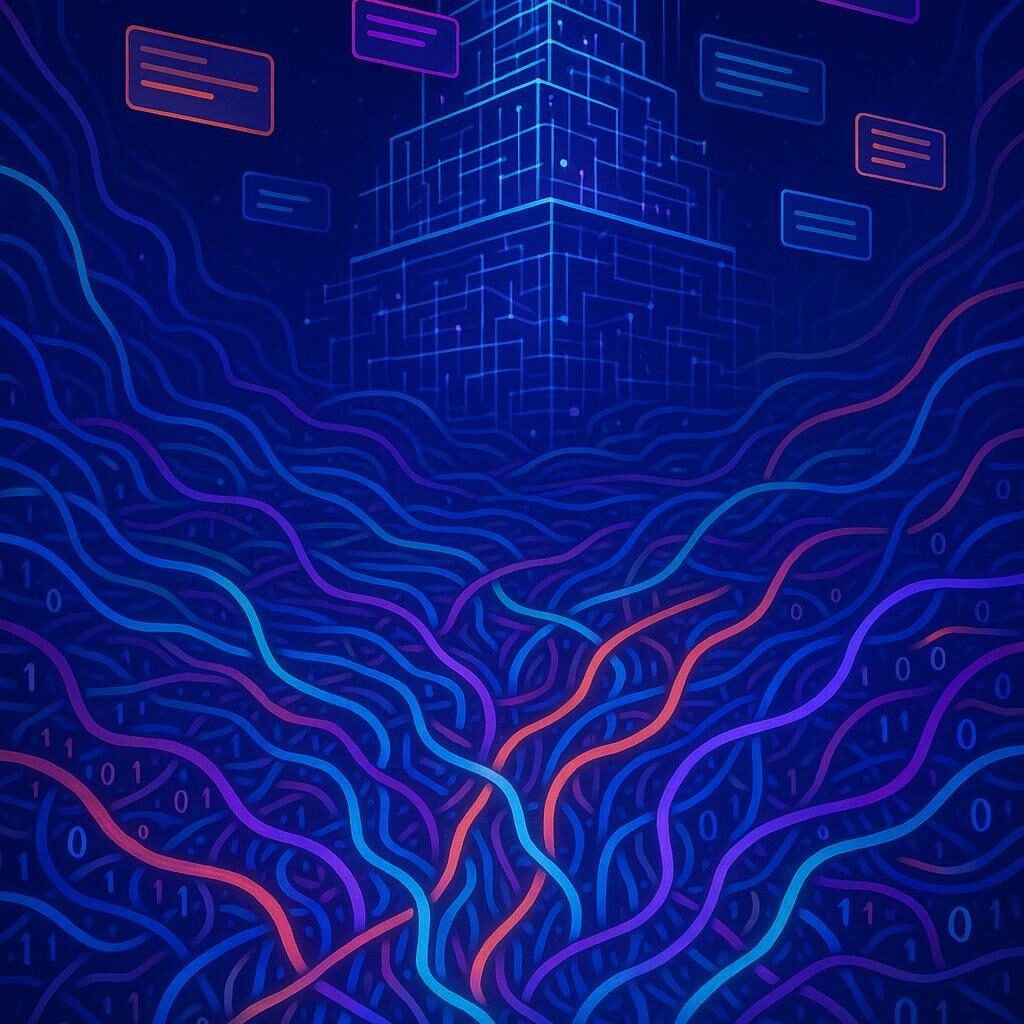 Futuristisches digitales Bild mit Datenleitungen, Mikroservice-Architektur, Twitter Cards und Sicherheits-Icons, inspiriert vom technologischen Dschungel für X Traffic.