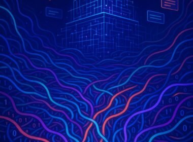 Futuristisches digitales Bild mit Datenleitungen, Mikroservice-Architektur, Twitter Cards und Sicherheits-Icons, inspiriert vom technologischen Dschungel für X Traffic.