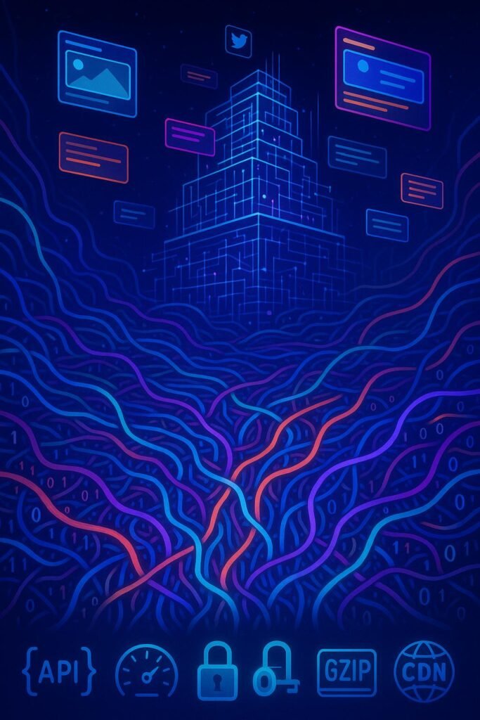 Futuristisches digitales Bild mit Datenleitungen, Mikroservice-Architektur, Twitter Cards und Sicherheits-Icons, inspiriert vom technologischen Dschungel für X Traffic.