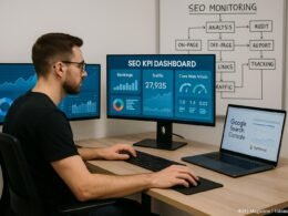 Ein SEO-Spezialist sitzt an einem Arbeitsplatz mit mehreren Monitoren, die SEO-Daten, Charts und Analysen anzeigen, um Webseiten kontinuierlich zu optimieren.