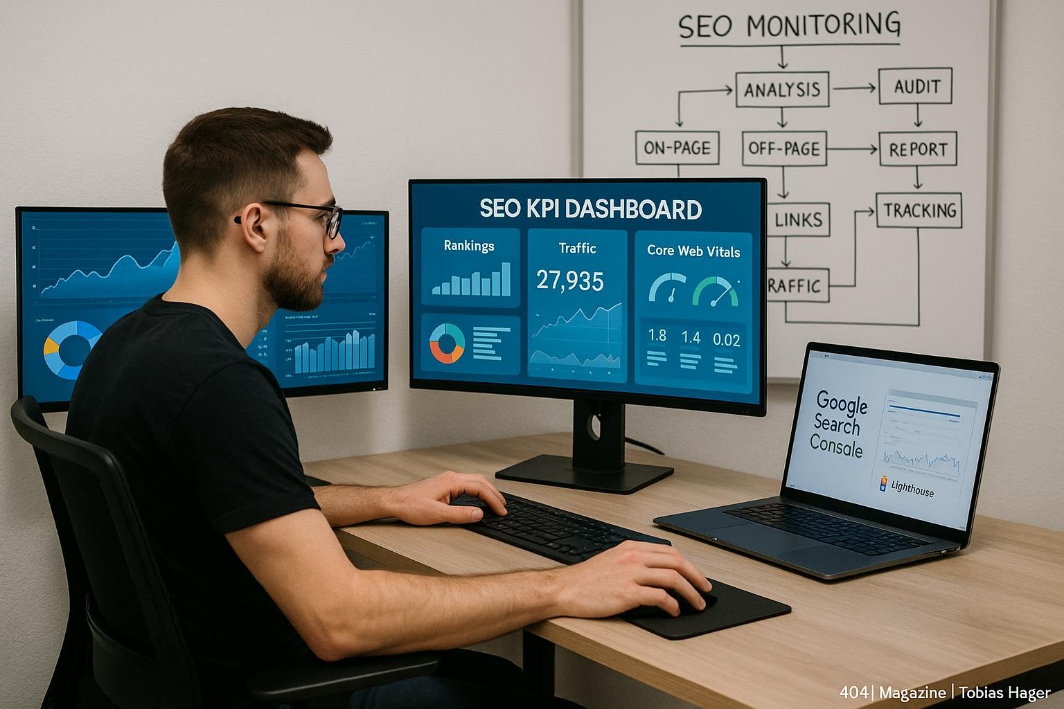 Ein SEO-Spezialist sitzt an einem Arbeitsplatz mit mehreren Monitoren, die SEO-Daten, Charts und Analysen anzeigen, um Webseiten kontinuierlich zu optimieren.